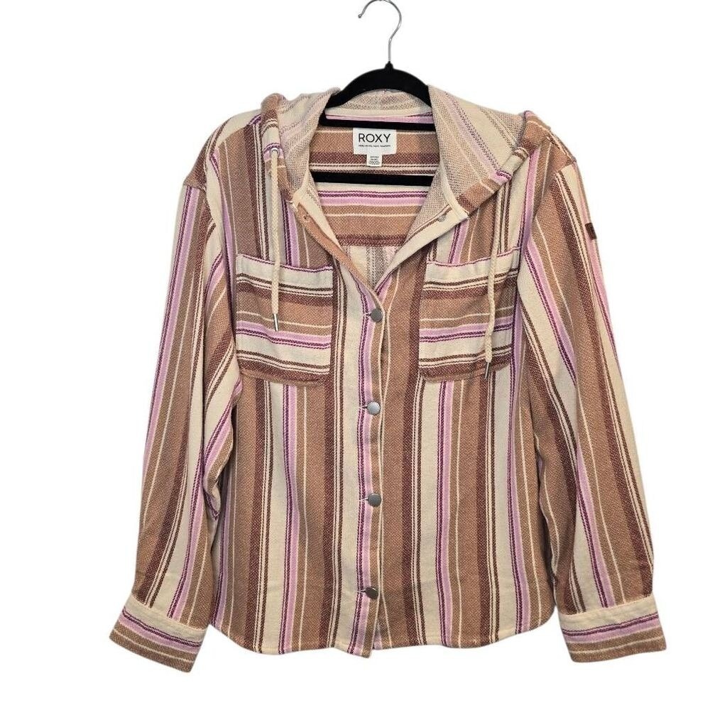 Roxy Sunlight Rider Hooded‎ Shirt Jacket Women's XS Brown Pink Stripe Beach Boho